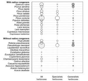Feeding guilds and major families of native European insects, which expanded their host range to feed on exotic tree species introduced to Europe.  The sizes of the circles are proportional to the relative numbers of insects recruited from each feeding guild.